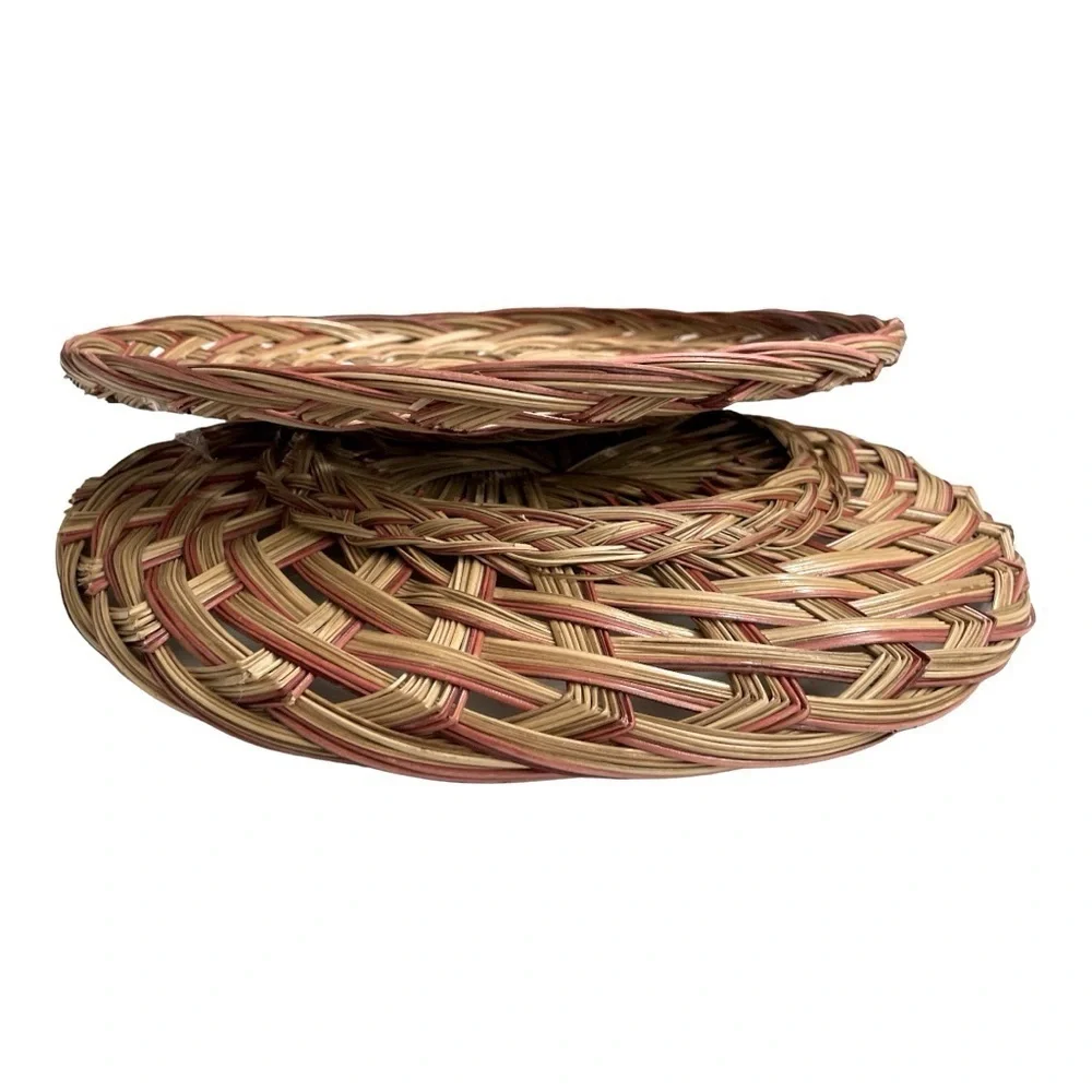 2 Basket Tray Round Two-Tone Coco Midrib Boho Rattan Wicker Reed Basket Decor